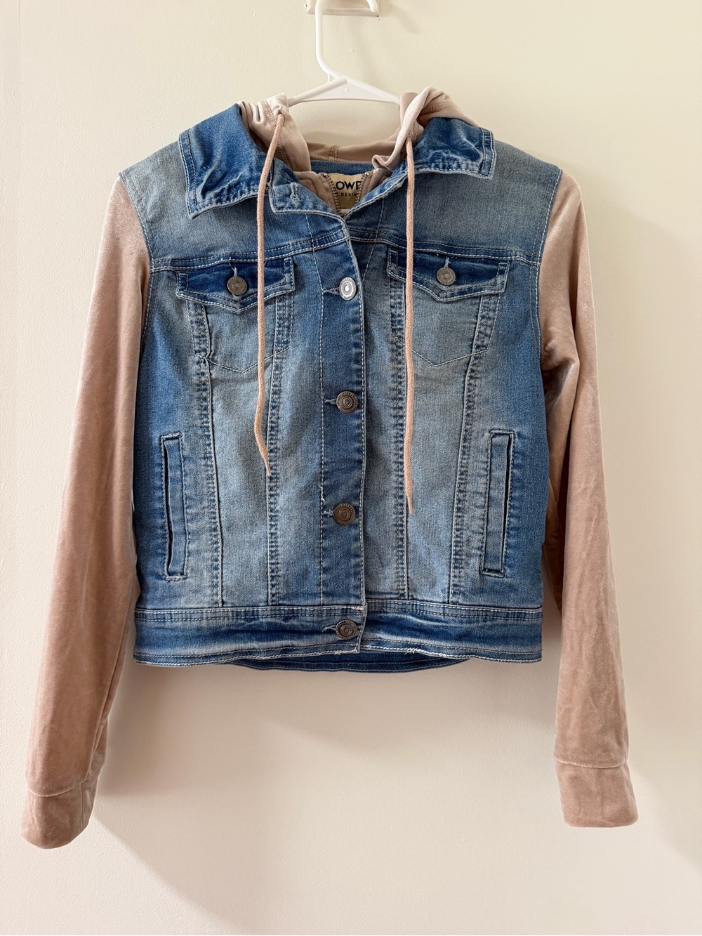 Wallflower Blue Denim Jacket with Tan Hooded Knit Sleeves